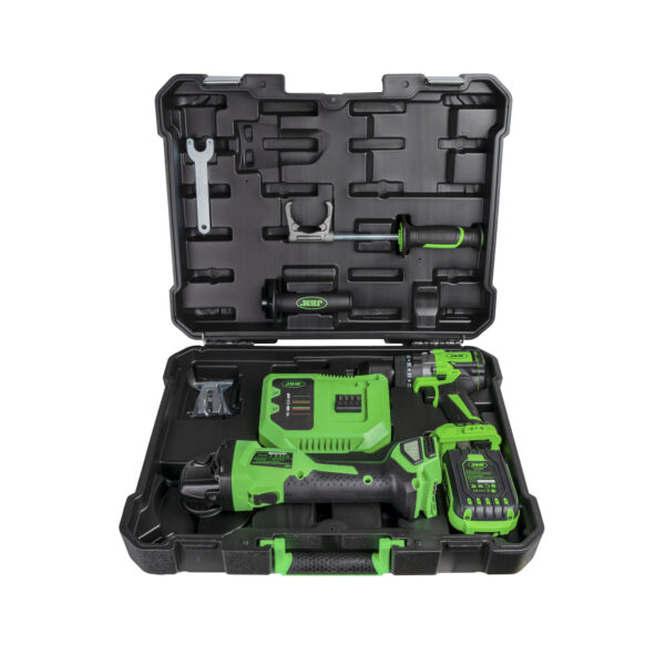 Kit de rebarbadora angular e martelo perfurador a bateria com mala de transporte